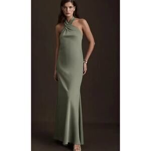 BHLDN (Anthropologie) Ruby Twist Halter Satin Gown / Size 8 / Moss Green